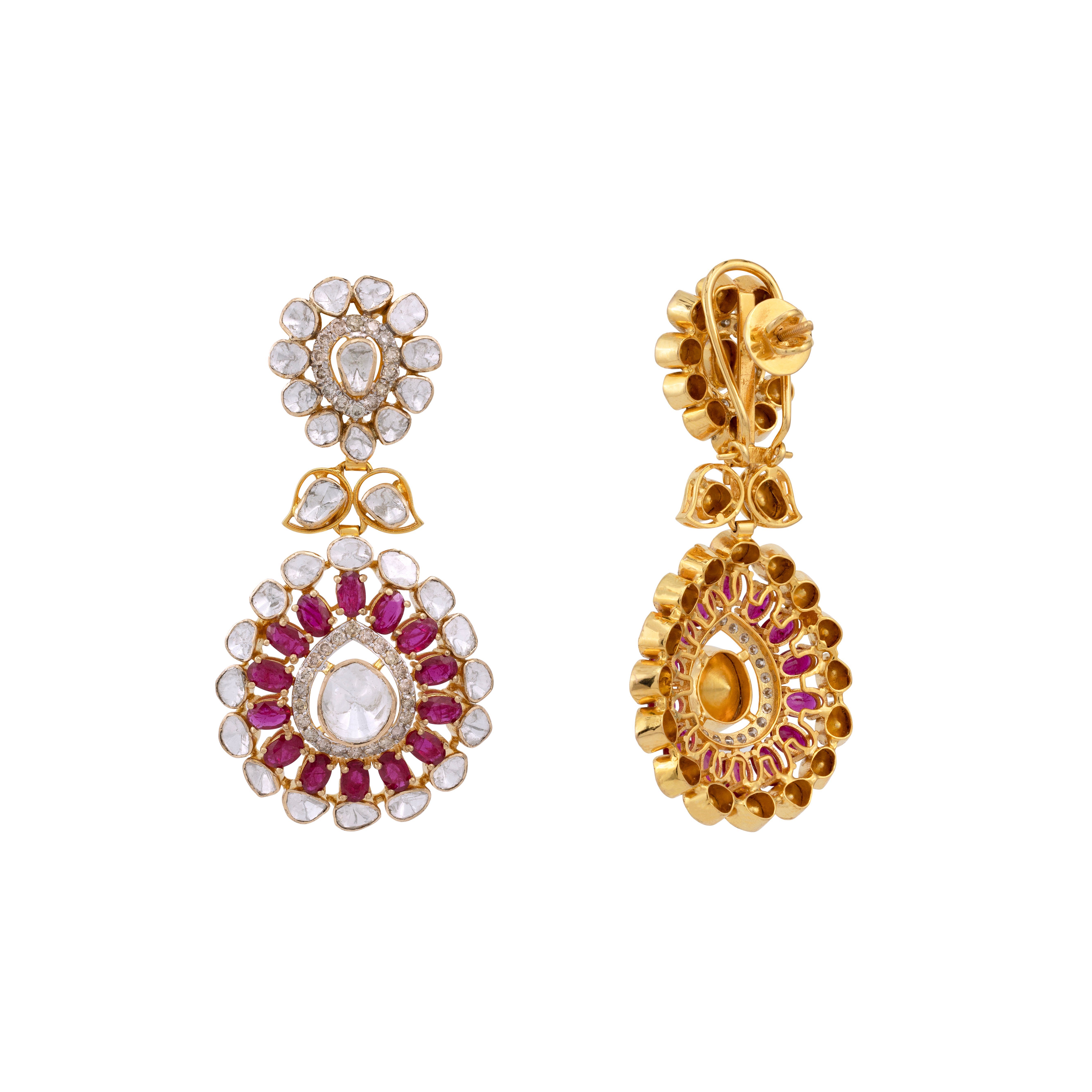 Polki and Ruby Halo Danglers with Floral Drop